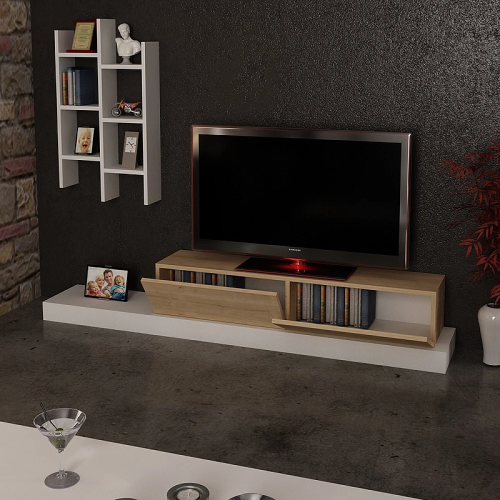 Έπιπλο τηλεόρασης Rumba pakoworld σε λευκή-oak απόχρωση 180x30x31εκ Έπιπλο τηλεόρασης Rumba pakoworld σε λευκή-oak απόχρωση 180x30x31εκ
