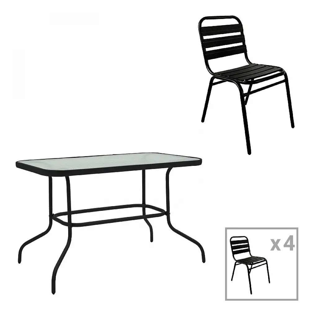 Τραπεζαρία Valor-Sussie pakoworld σετ 5τεμ μέταλλο μαύρο-γυαλί 110x60x70εκ