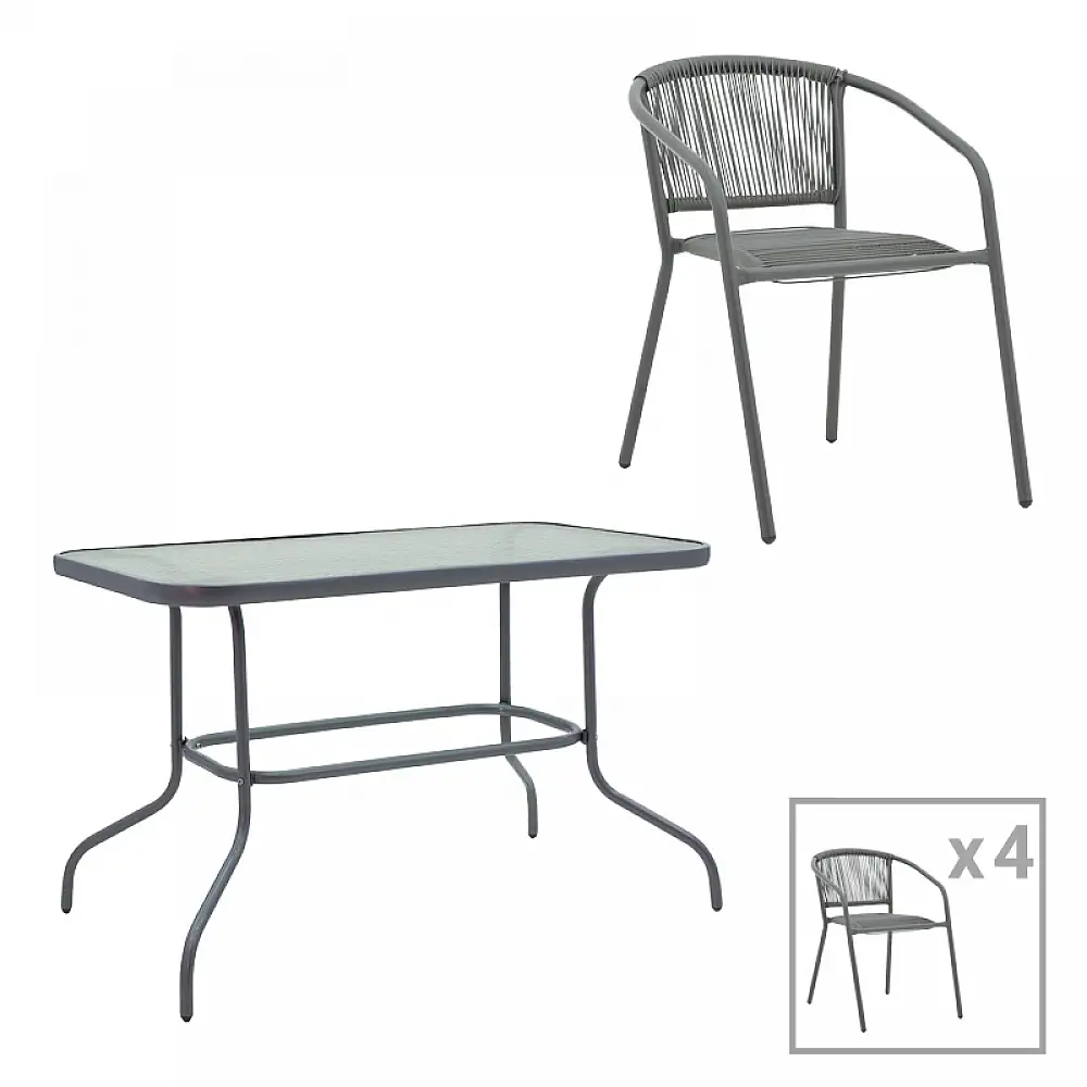 Τραπεζαρία Valor-Lindaria pakoworld σετ 5τεμ μέταλλο ανθρακί-γυαλί-pe rattan 110x60x70εκ