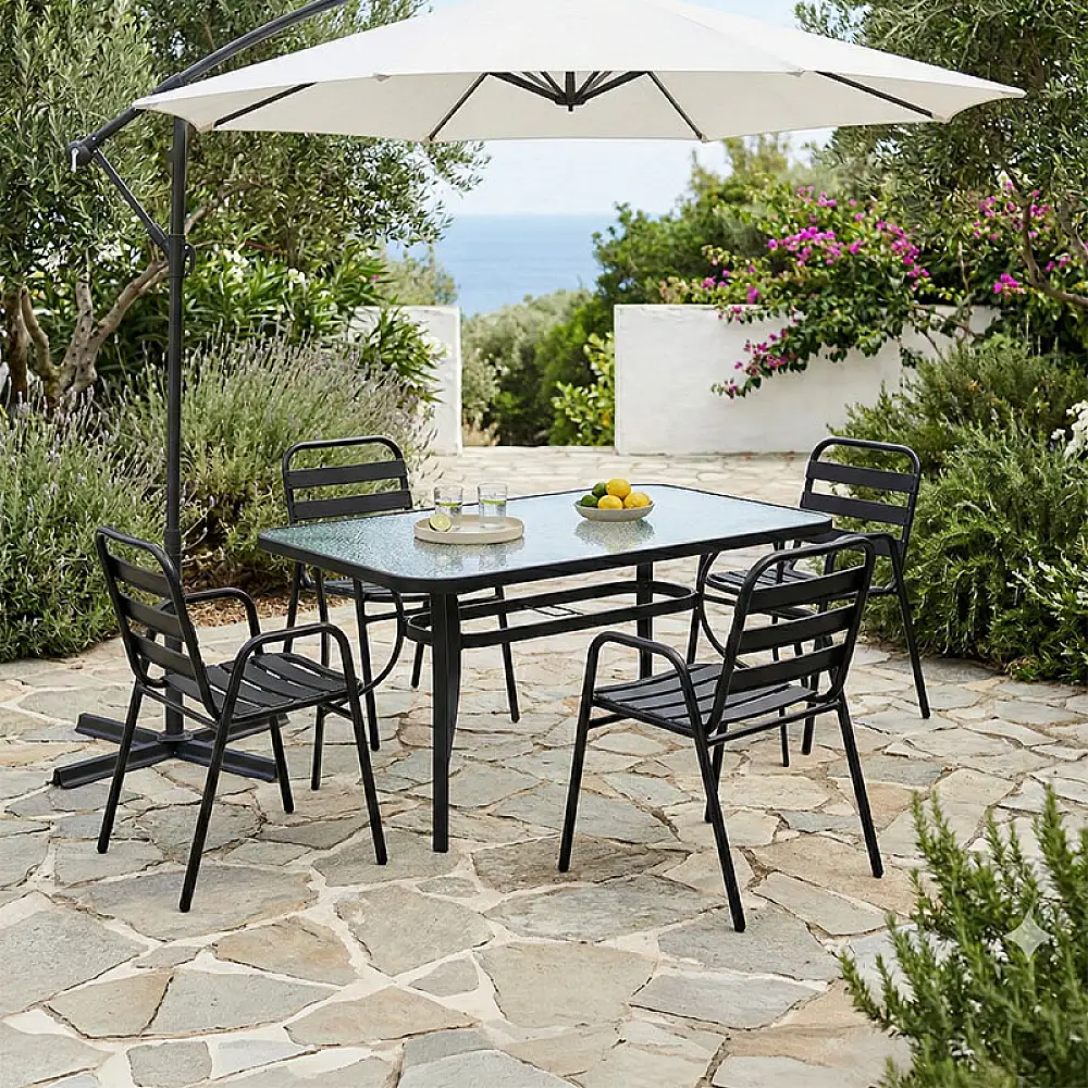 Τραπεζαρία Sussie-Ensure pakoworld 5τεμ μέταλλο-γυαλί σε μαύρη απόχρωση 140x80x70εκ