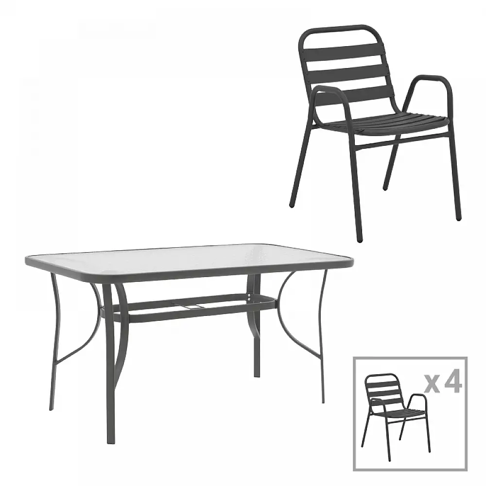 Τραπεζαρία Ensure-Sussie pakoworld σετ 5τεμ μέταλλο-γυαλί σε ανθρακί απόχρωση 140x80x70εκ