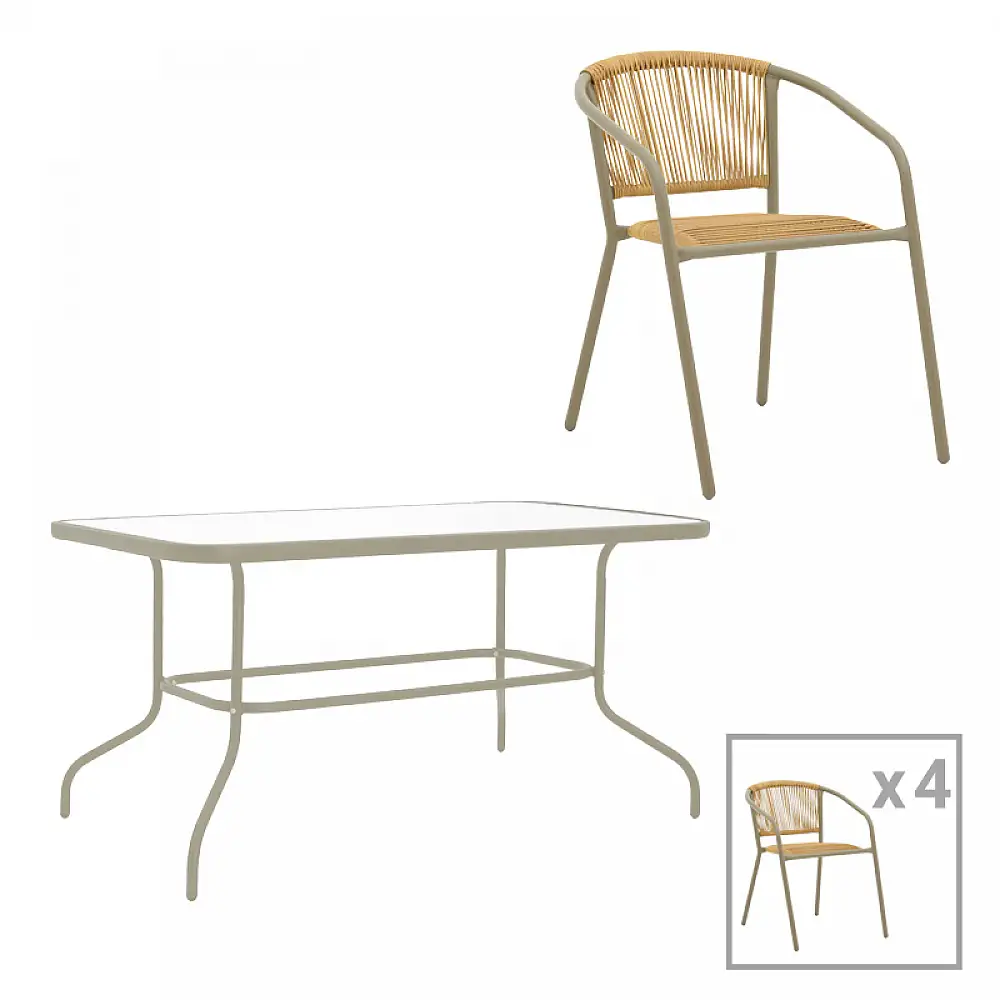 Τραπεζαρία Valor-Lindaria pakoworld σετ 5τεμ μέταλλο σε σαμπανιζέ και pe rattan σε φυσική απόχρωση 110x60x70εκ