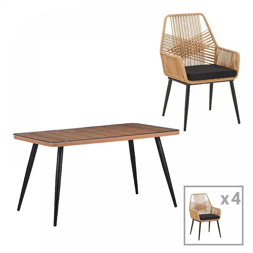 Τραπεζαρία Naoki-Tanish σετ 5 τεμ pakoworld γυάλινο- pe rattan σε φυσική απόχρωση με μαυρα πόδια 140x80x78εκ