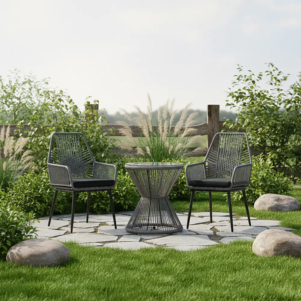 Τραπέζι Mabil pakoworld γυαλί - pe rattan σε γκρι απόχρωση Φ50x55εκ