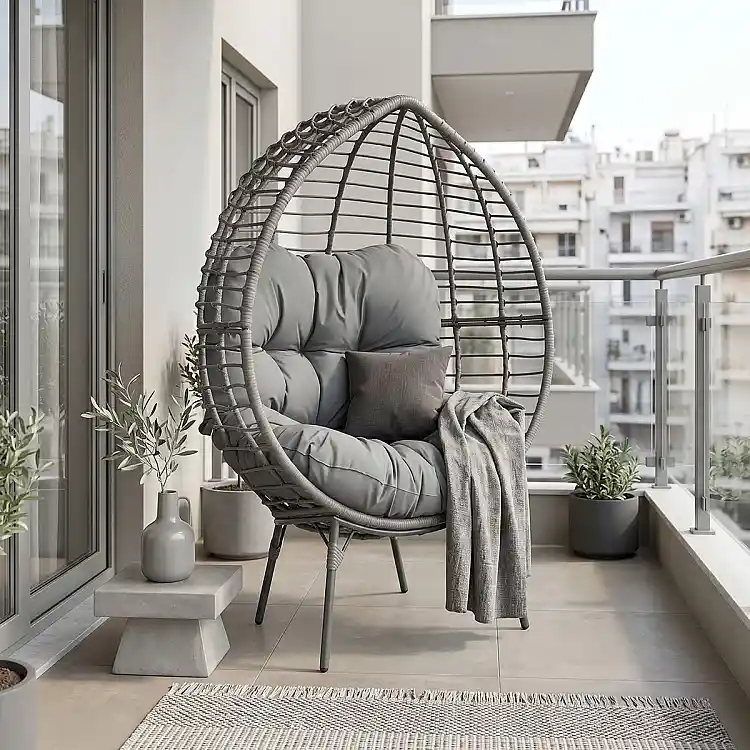 Πολυθρόνα Nestie pakoworld wicker rattan γκρι-μεταλλικό γκρι πόδι-γκρι μαξιλάρι 102x80x155εκ