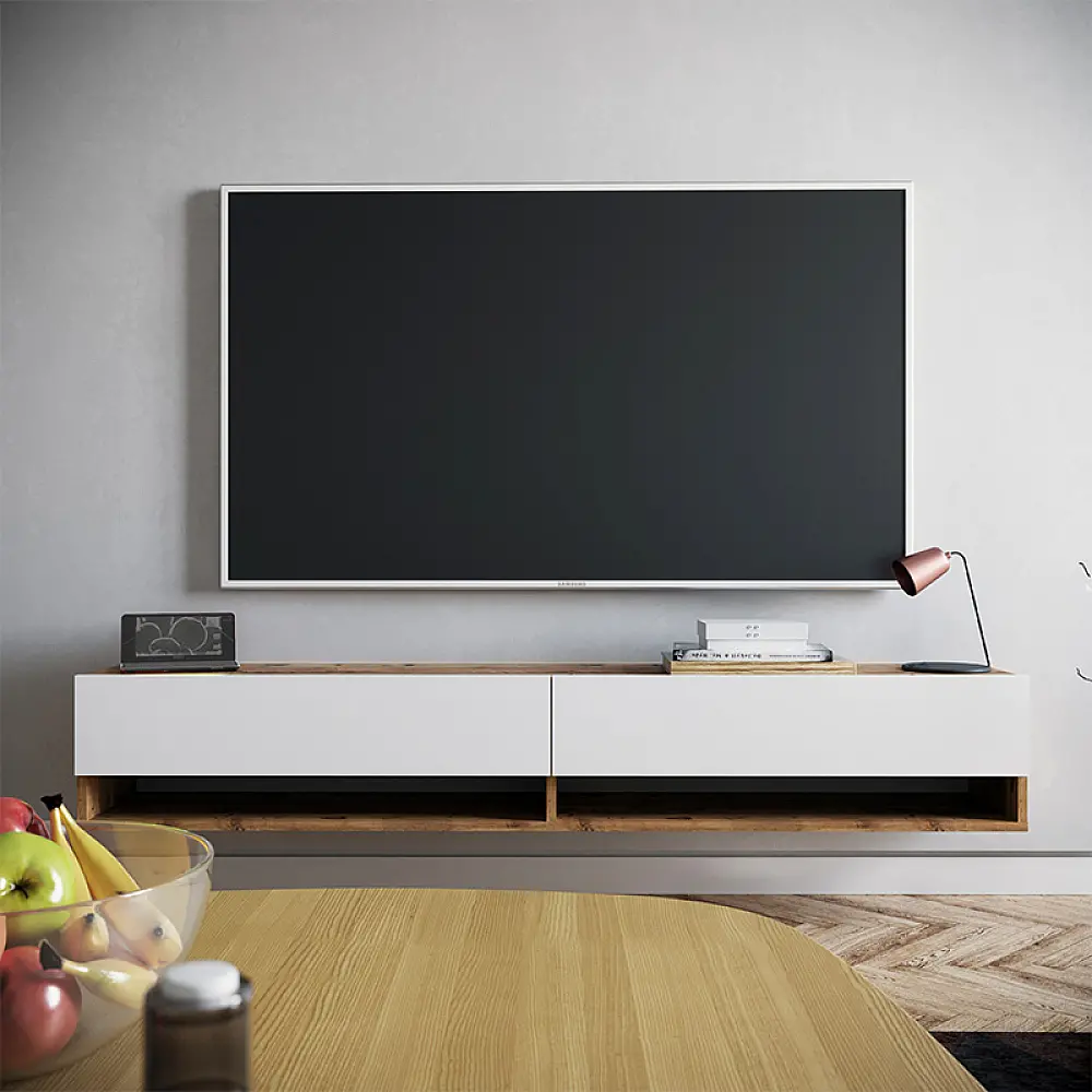 Έπιπλο τηλεόρασης επιτοίχιο Handra pakoworld λευκό-oak 180x31,5x29,5εκ Έπιπλο τηλεόρασης επιτοίχιο Handra pakoworld λευκό-oak 180x31,5x29,5εκ