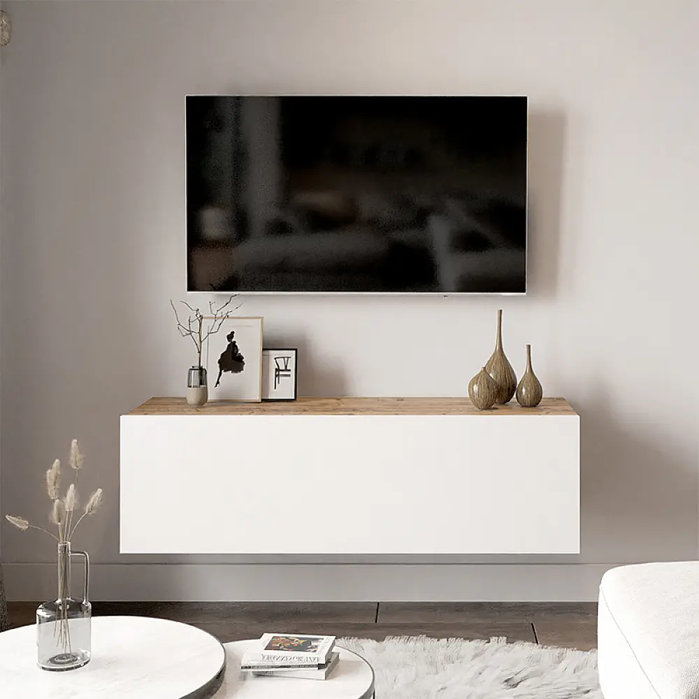 Έπιπλο τηλεόρασης επιτοίχιο Serit pakoworld λευκό-oak 100x31,5x29,5εκ Έπιπλο τηλεόρασης επιτοίχιο Serit pakoworld λευκό-oak 100x31,5x29,5εκ