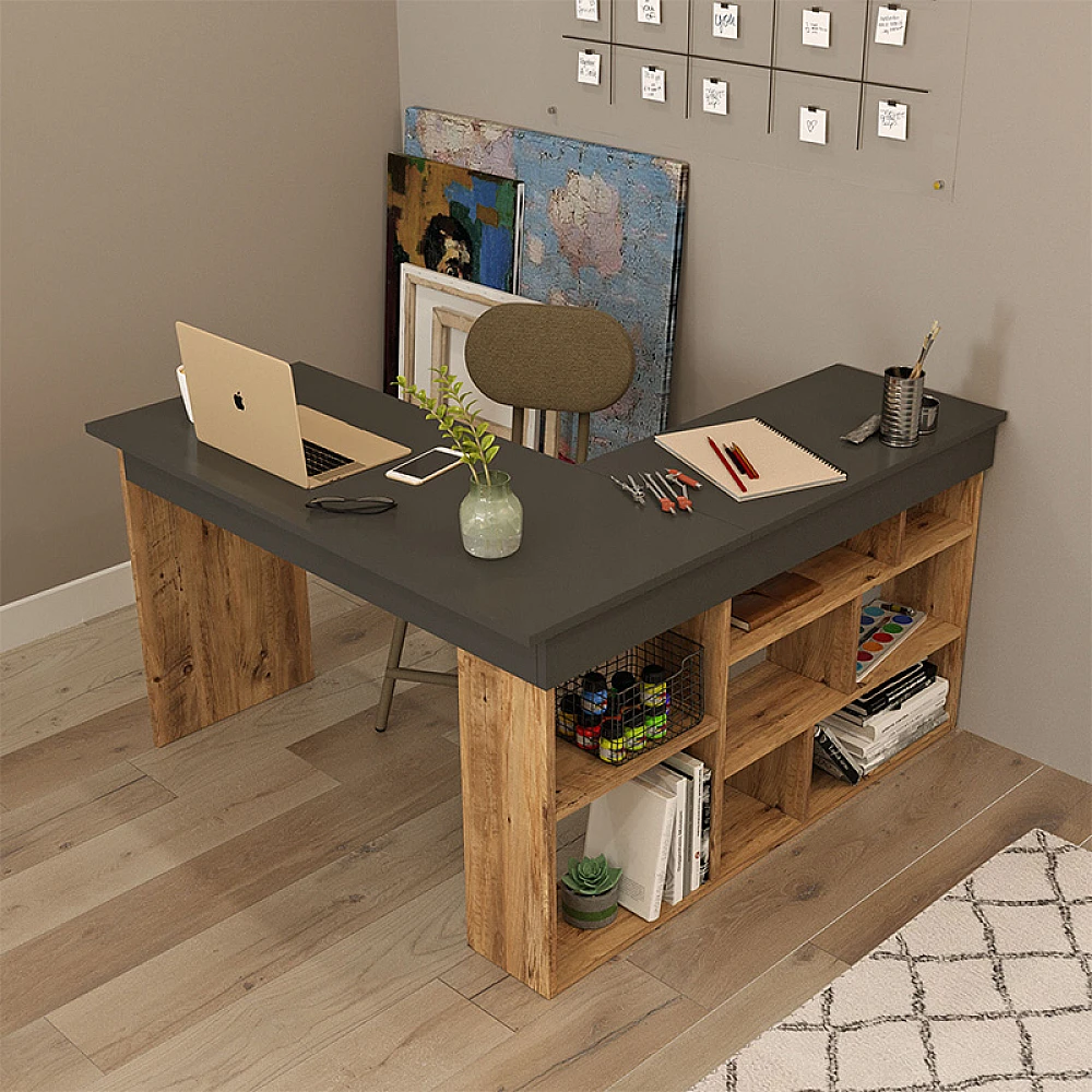 Γραφείο γωνιακό Rosaline pakoworld ανθρακί-oak 120x129x72εκ Γραφείο γωνιακό Rosaline pakoworld ανθρακί-oak 120x129x72εκ