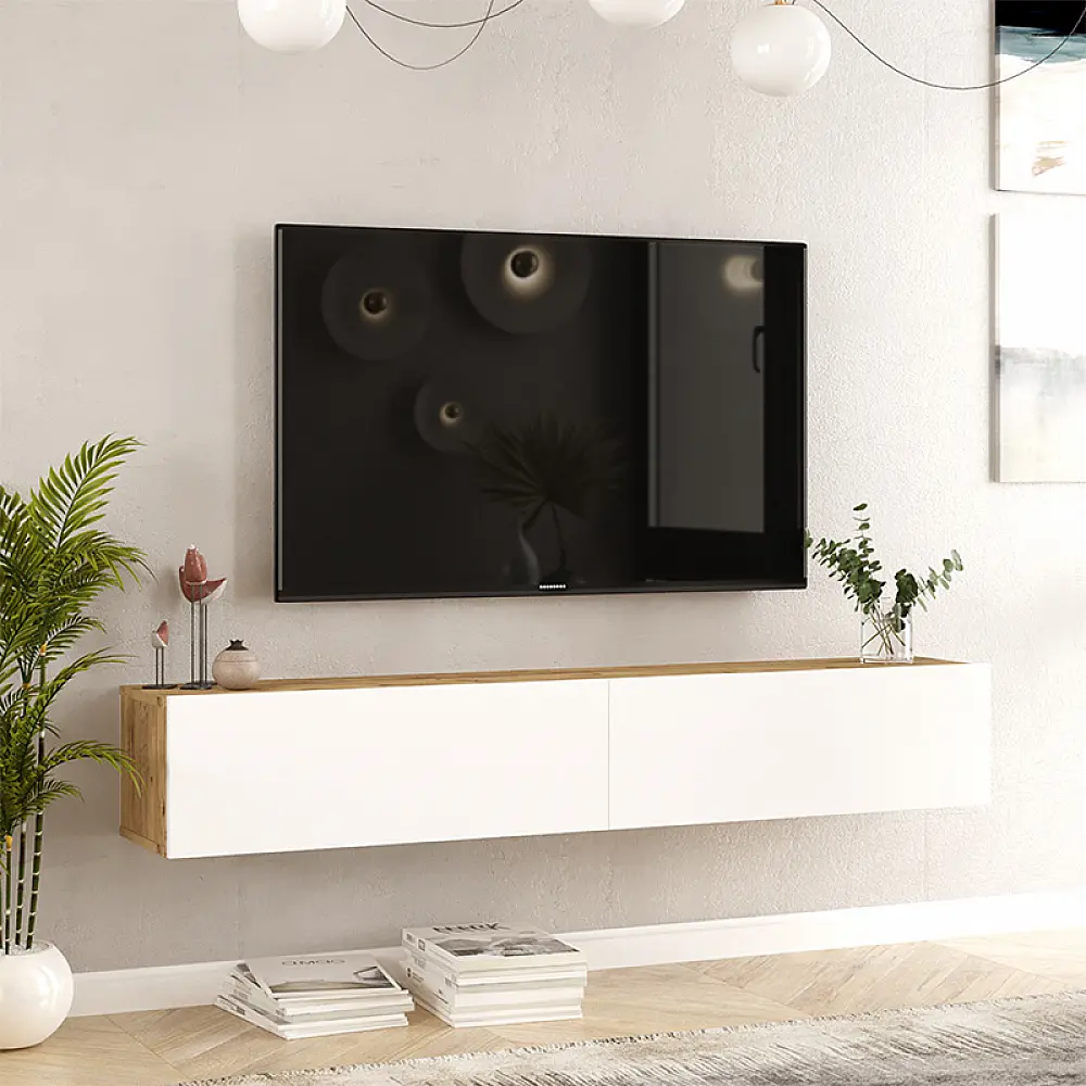 Έπιπλο τηλεόρασης επιτοίχιο Dello pakoworld λευκό-sonoma 180x31.6x29.6εκ Έπιπλο τηλεόρασης επιτοίχιο Dello pakoworld λευκό-sonoma 180x31.6x29.6εκ