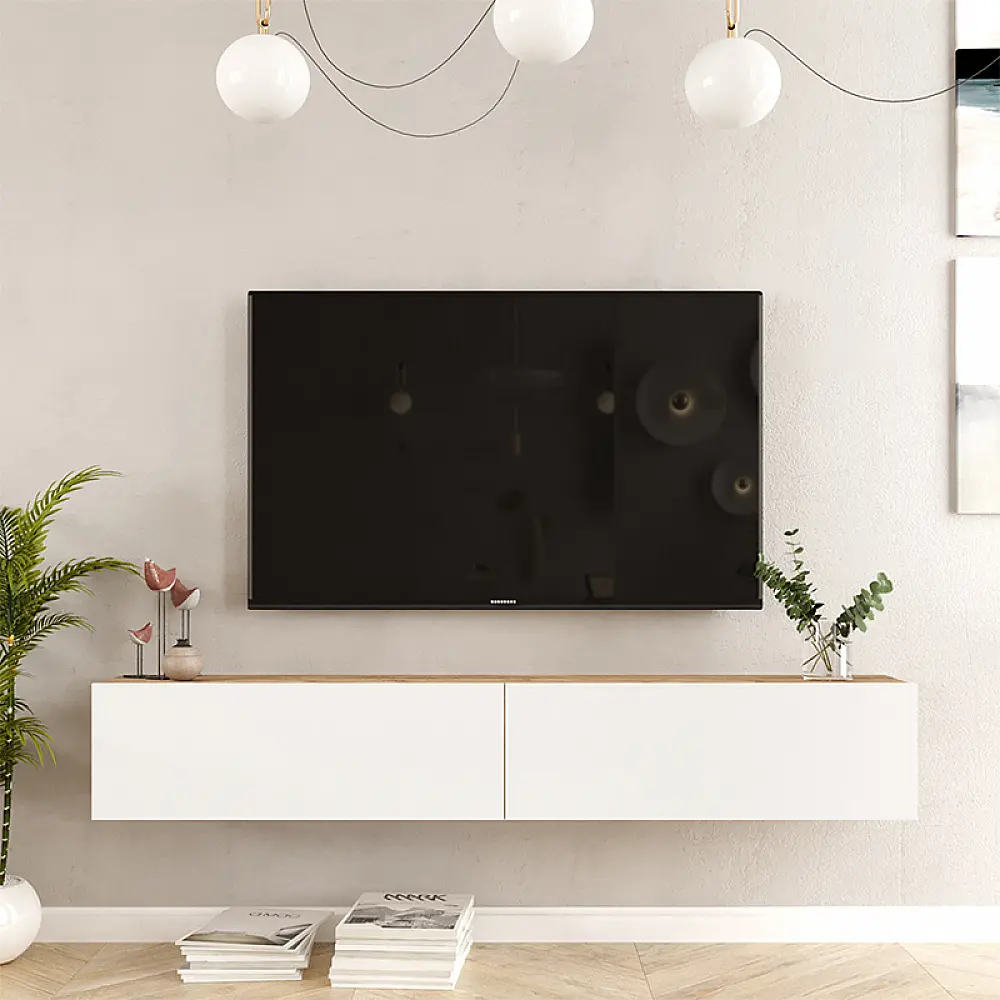 Έπιπλο τηλεόρασης επιτοίχιο Dello pakoworld λευκό-sonoma 180x31.6x29.6εκ Έπιπλο τηλεόρασης επιτοίχιο Dello pakoworld λευκό-sonoma 180x31.6x29.6εκ