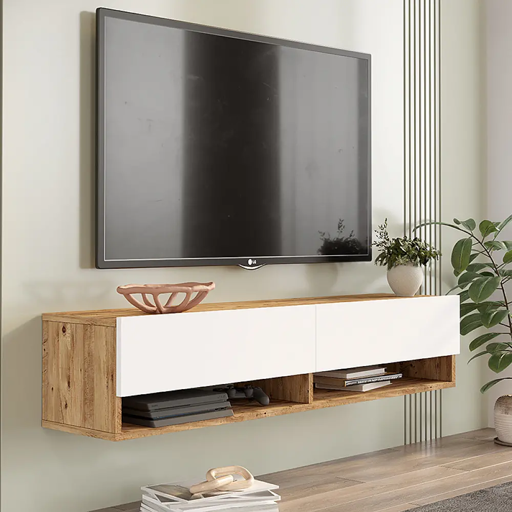 Έπιπλο τηλεόρασης επιτοίχιο Roscoe pakoworld λευκό-sonoma 140x31.6x29.6εκ Έπιπλο τηλεόρασης επιτοίχιο Roscoe pakoworld λευκό-sonoma 140x31.6x29.6εκ