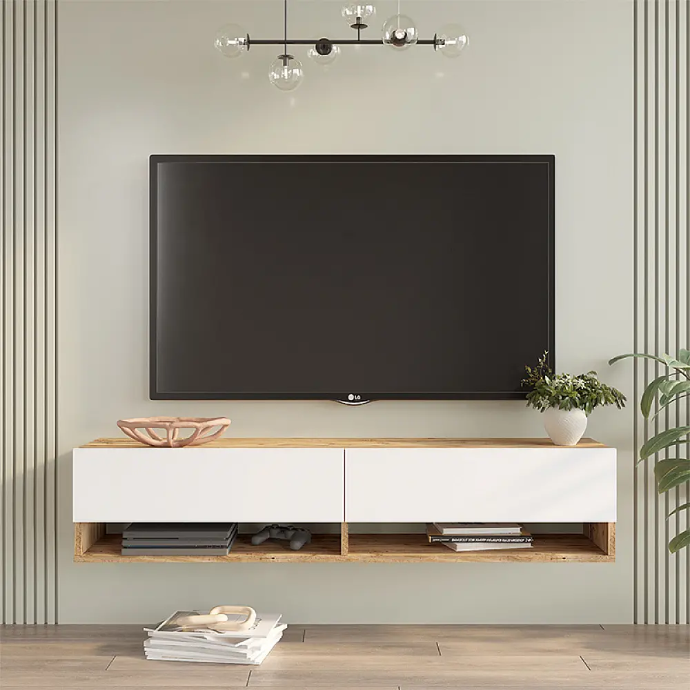 Έπιπλο τηλεόρασης επιτοίχιο Roscoe pakoworld λευκό-sonoma 140x31.6x29.6εκ Έπιπλο τηλεόρασης επιτοίχιο Roscoe pakoworld λευκό-sonoma 140x31.6x29.6εκ