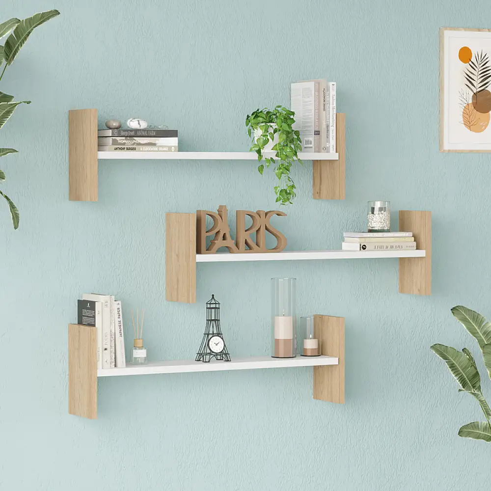 Ραφιέρα τοίχου Mento pakoworld λευκό με oak 75,6x14,5x23,6εκ