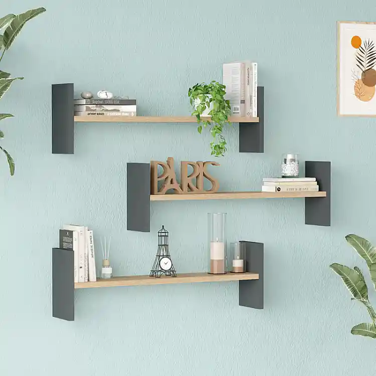 Ραφιέρα τοίχου Mento pakoworld oak με ανθρακί 75,6x14,5x23,6εκ