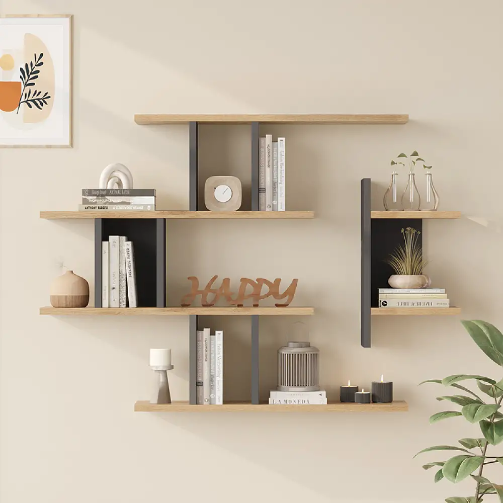 Ραφιέρα τοίχου Ledia pakoworld oak με ανθρακί 110,6x14,5x78εκ