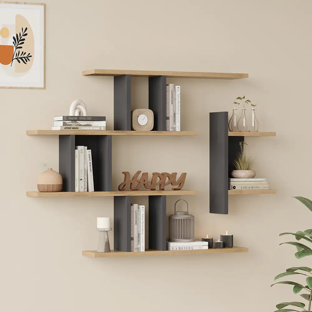 Ραφιέρα τοίχου Ledia pakoworld oak με ανθρακί 110,6x14,5x78εκ