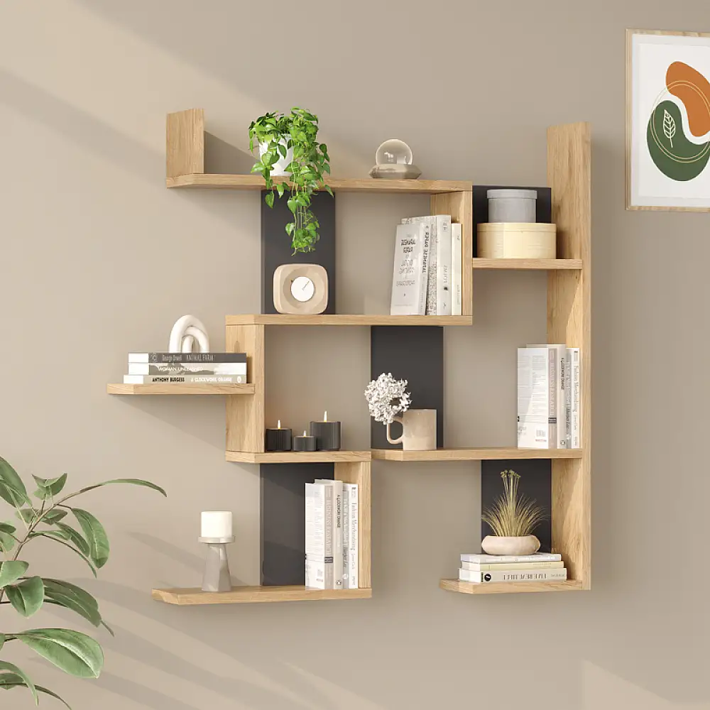 Ραφιέρα τοίχου Maze pakoworld oak με ανθρακί 93,3x14,5x90εκ
