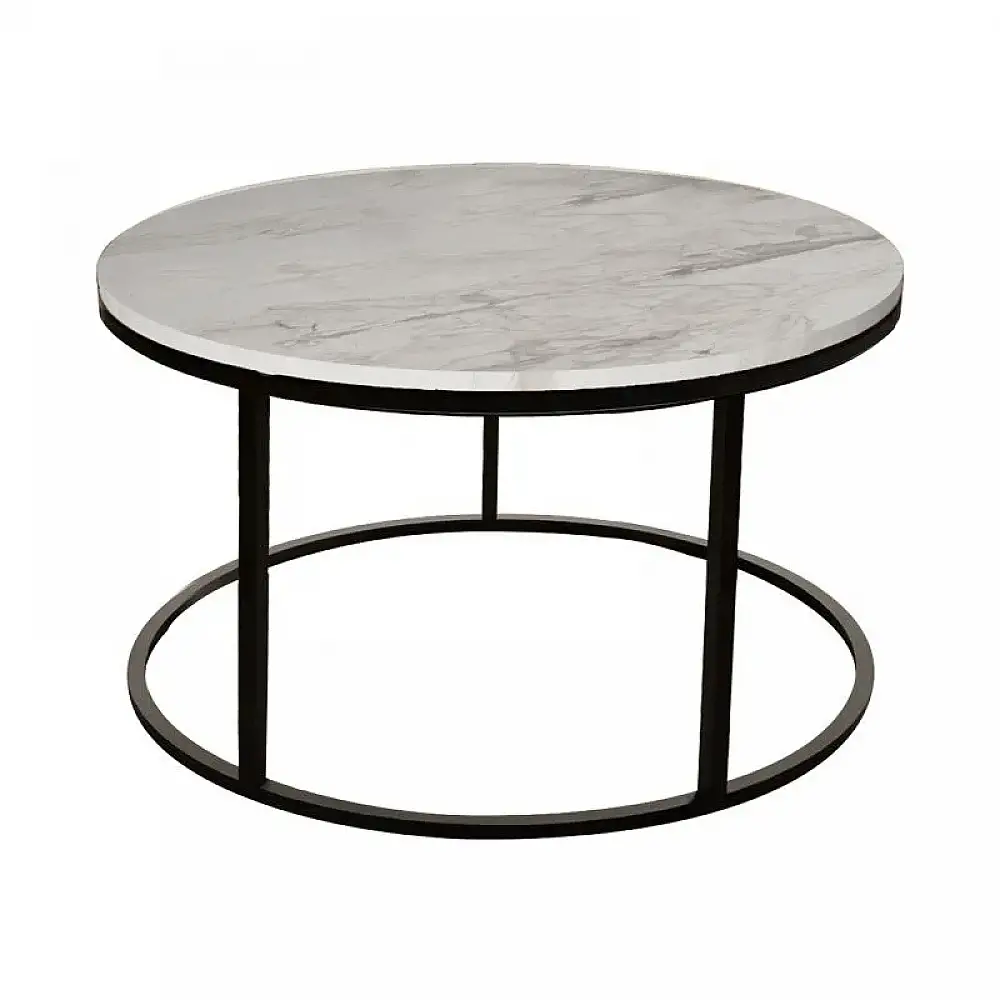 Τραπέζι σαλονιού Sikele pakoworld λευκή όψη μαρμάρου και μαύρα μεταλλικά πόδια Φ60x40εκ