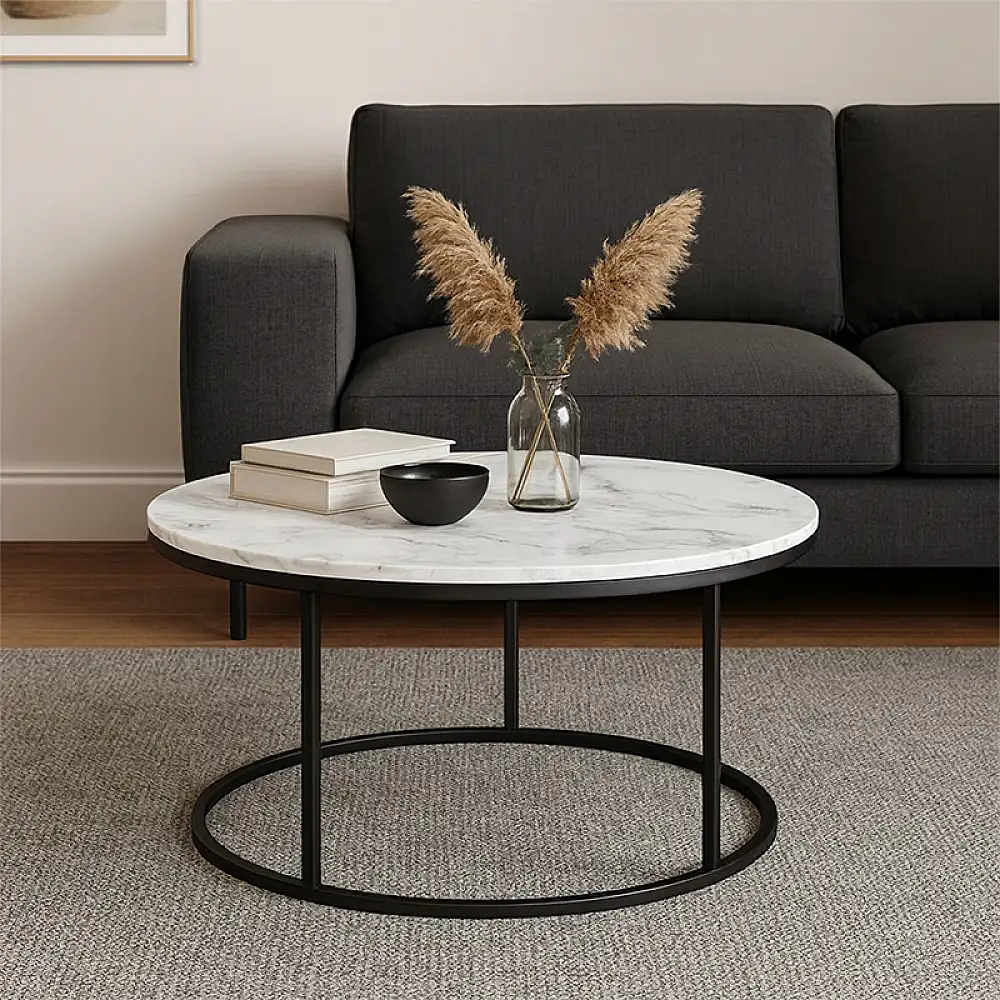 Τραπέζι σαλονιού Sikele pakoworld λευκή όψη μαρμάρου και μαύρα μεταλλικά πόδια Φ60x40εκ