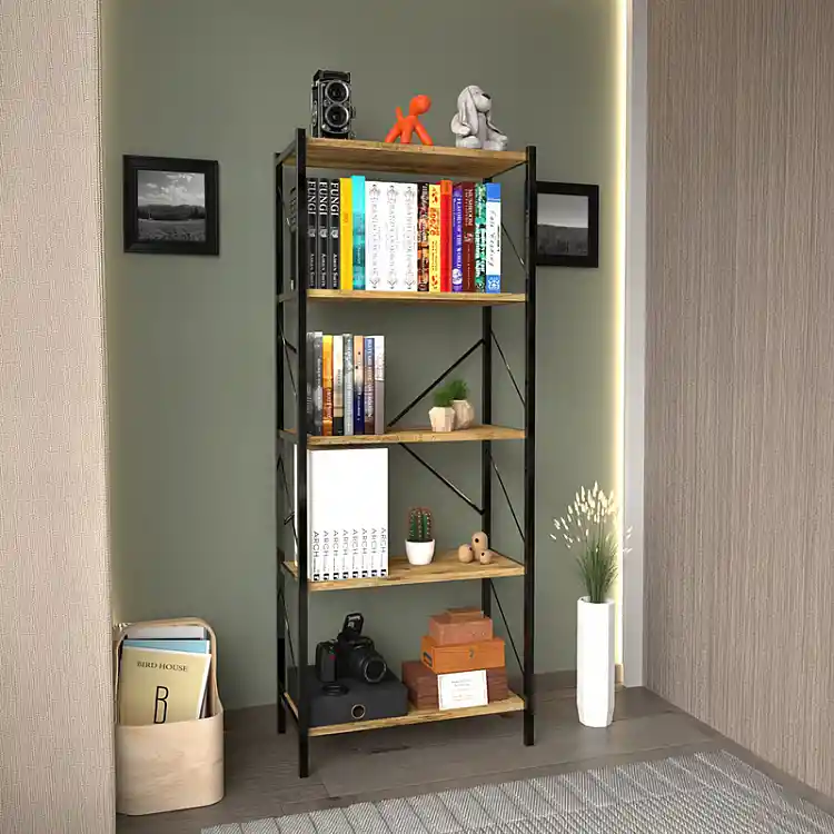 Βιβλιοθήκη Bimblem pakoworld oak με μαύρο μέταλλο 60x30x150εκ