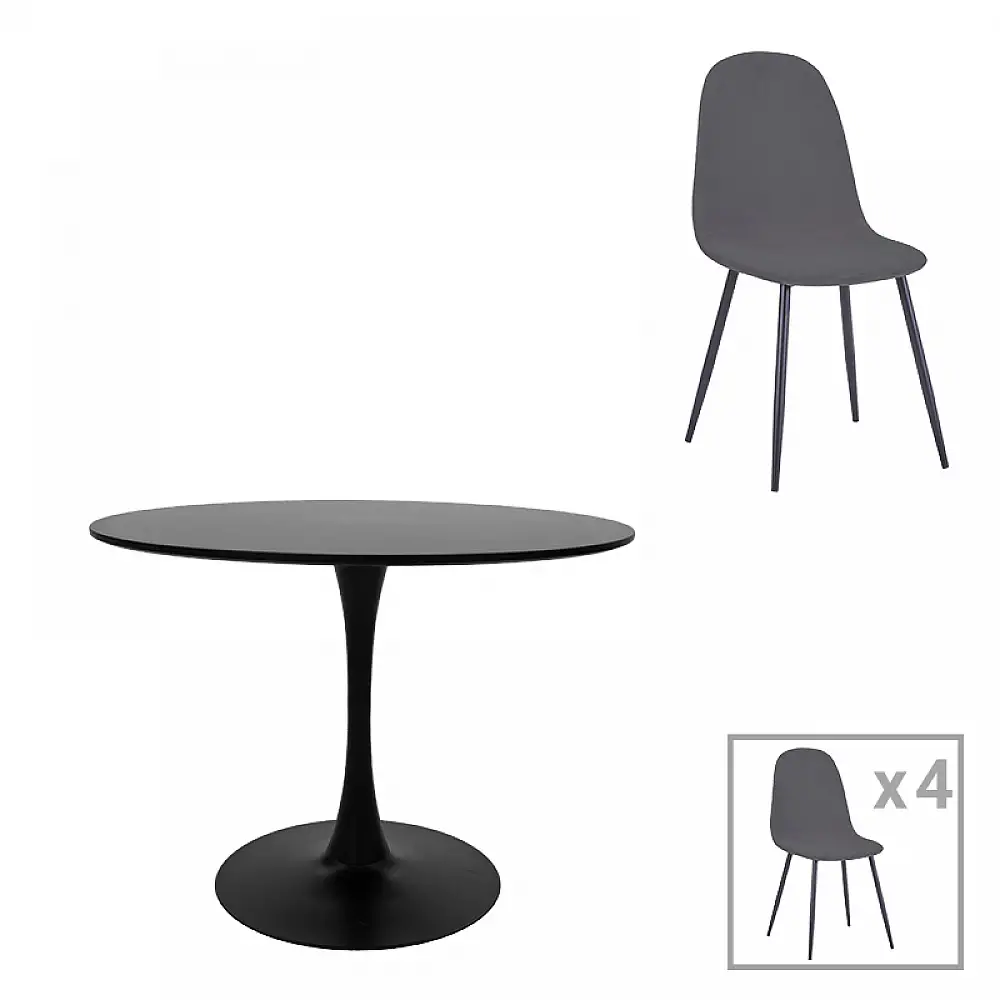 Τραπεζαρία Bella-Balou pakoworld σετ 5τεμ MDF μαύρο-βελούδο ανθρακί Φ100x73εκ