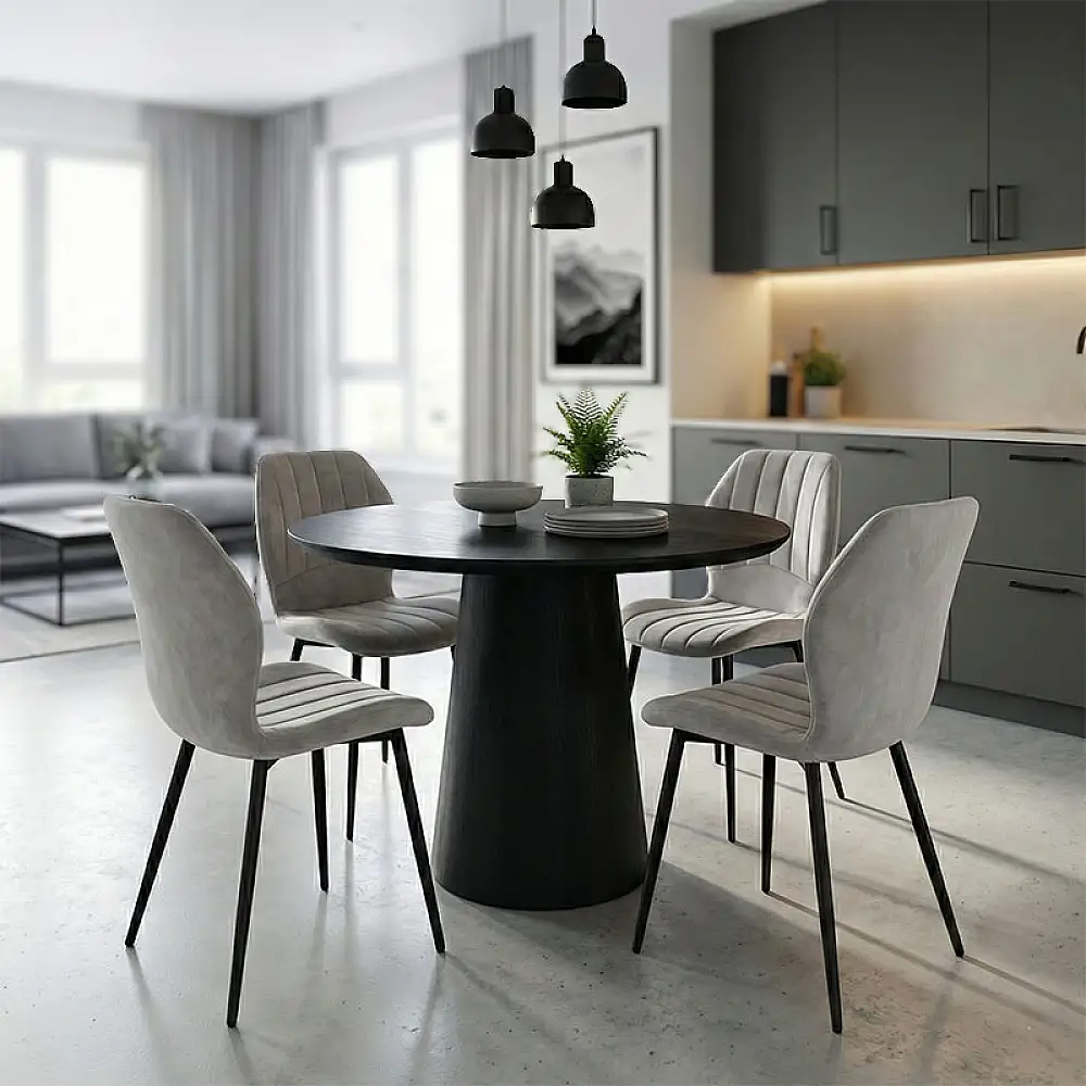 Τραπεζαρία με Καρέκλες Jelour Γκρι και Τραπέζι Donda Μαύρο Φ100x76 Σετ 5τεμ