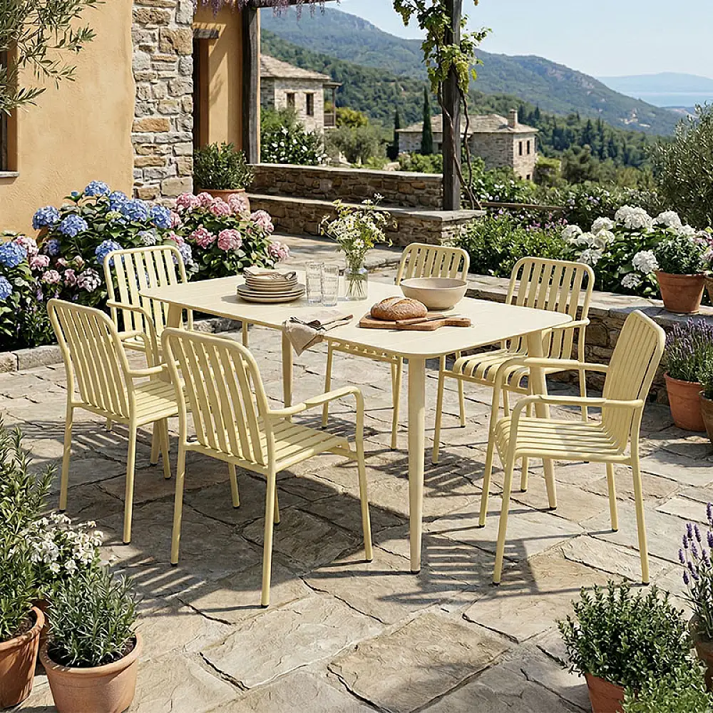 Τραπεζαρία Heven Vista pakoworld σετ 7τεμ σαμπανί αλουμίνιο 150x80x72εκ