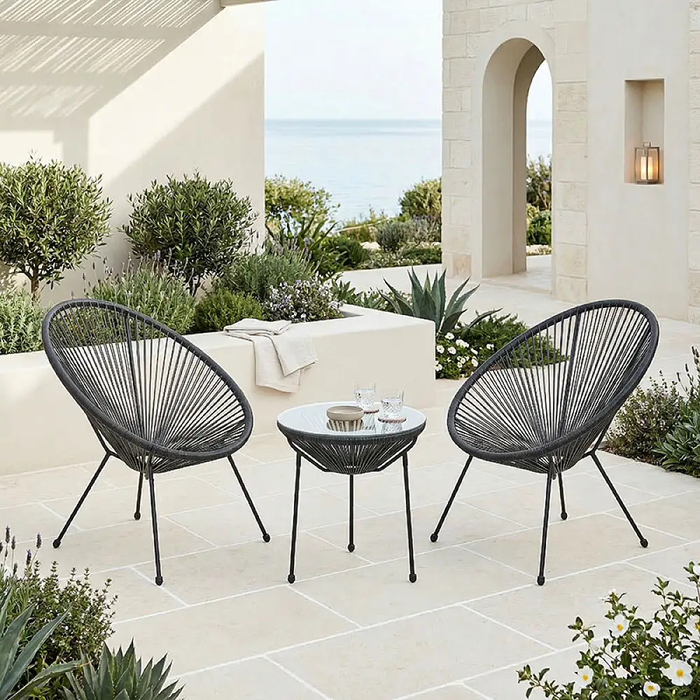 Σαλόνι Εξωτερικού Χώρου Acapulco pakoworld Σετ 3τεμ μαύρο μέταλλο με pe rattan Φ50x52εκ
