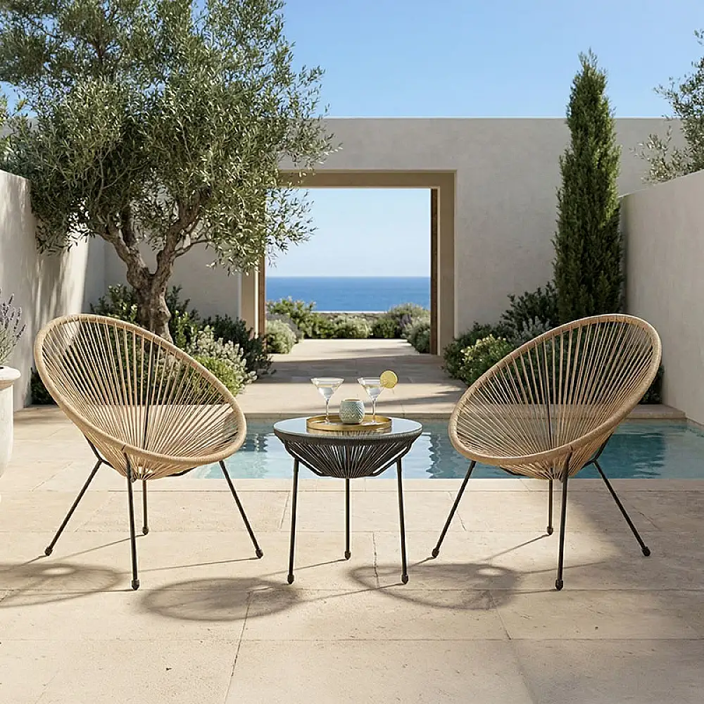 Σαλόνι Εξωτερικού Χώρου Acapulco pakoworld  Σετ 3τεμ pe rattan σε φυσική απόχρωση με μαύρο μέταλλο Φ50x52εκ