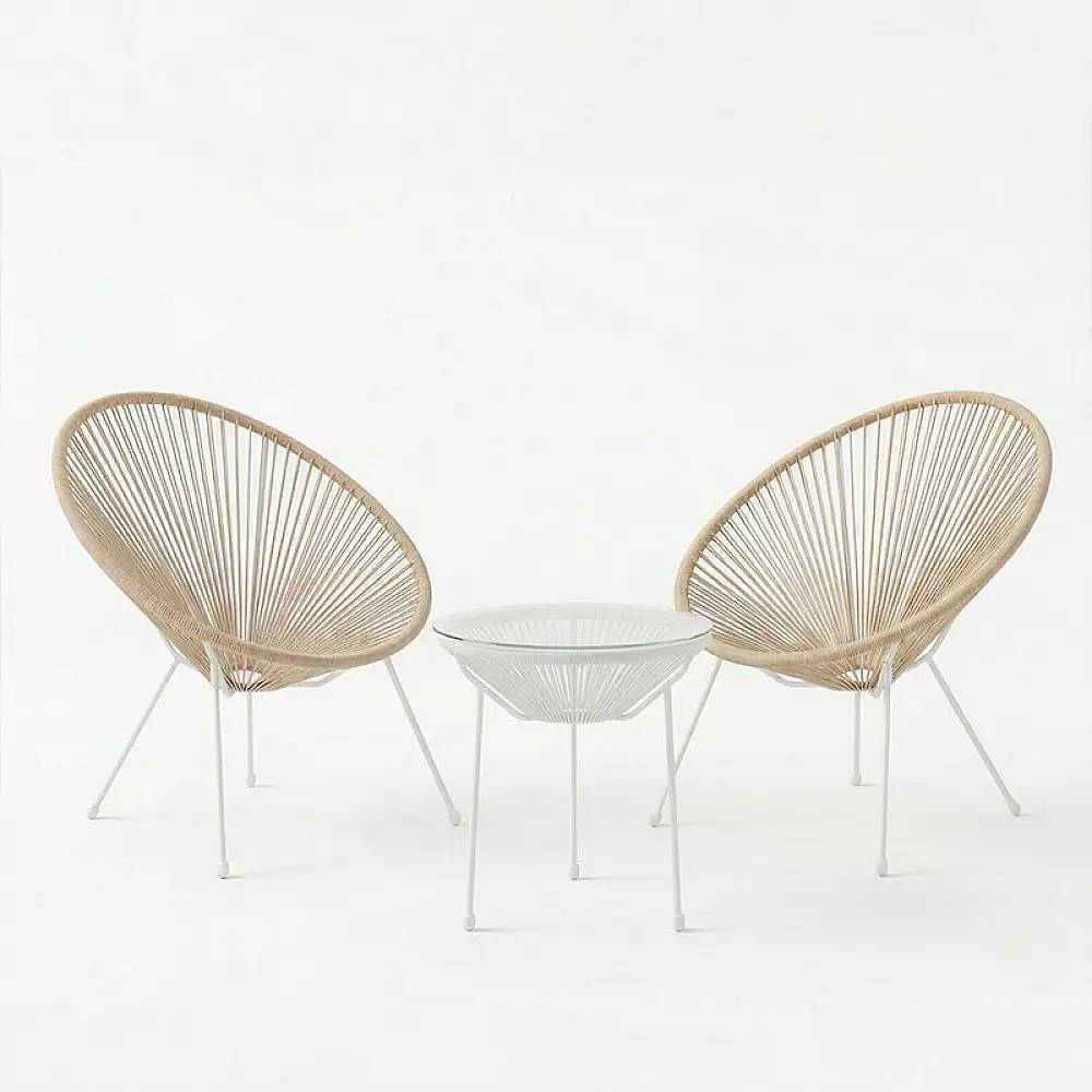 Σαλόνι Εξωτερικού Χώρου Acapulco pakoworld  Σετ 3τεμ pe rattan σε φυσική απόχρωση με λευκό μέταλλο Φ50x52εκ