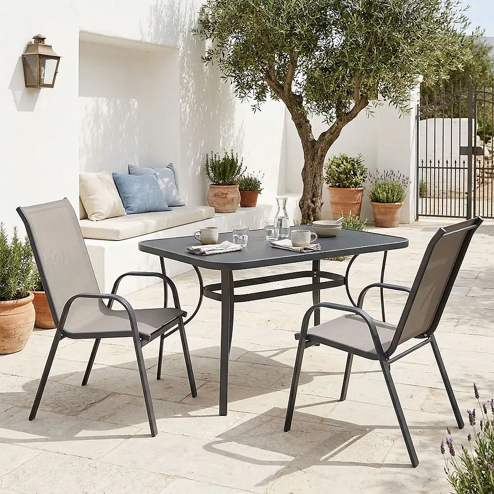 Τραπεζαρία Ensure Calan pakoworld σετ 3τεμ ανθρακί μέταλλο με γυαλί 120x70x70εκ