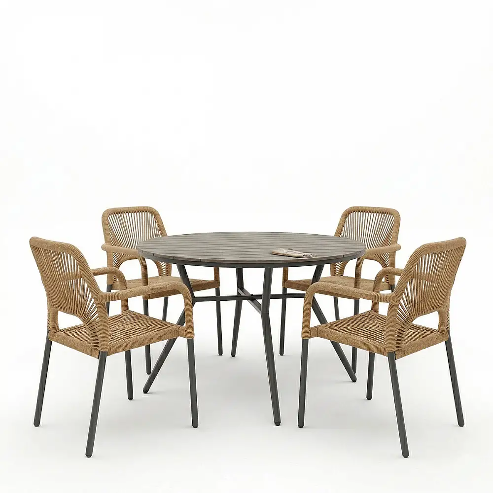 Τραπεζαρία Appa-Norture σετ 5τεμ pakoworld ανθρακί αλουμίνιο και rattan σε φυσική απόχρωση Φ120x74εκ