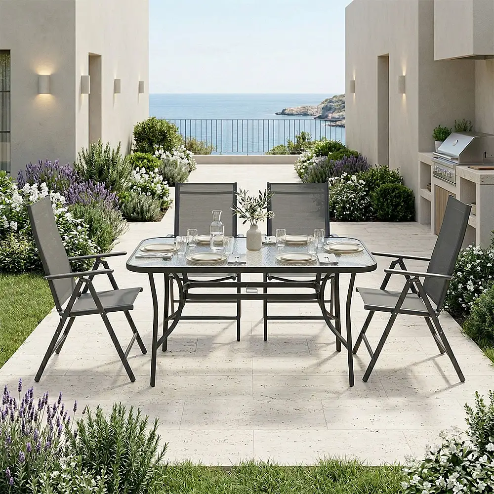 Τραπεζαρία Ensure Candor pakoworld σετ 5τεμ ανθρακί μέταλλο με γυαλί 120x70x70εκ