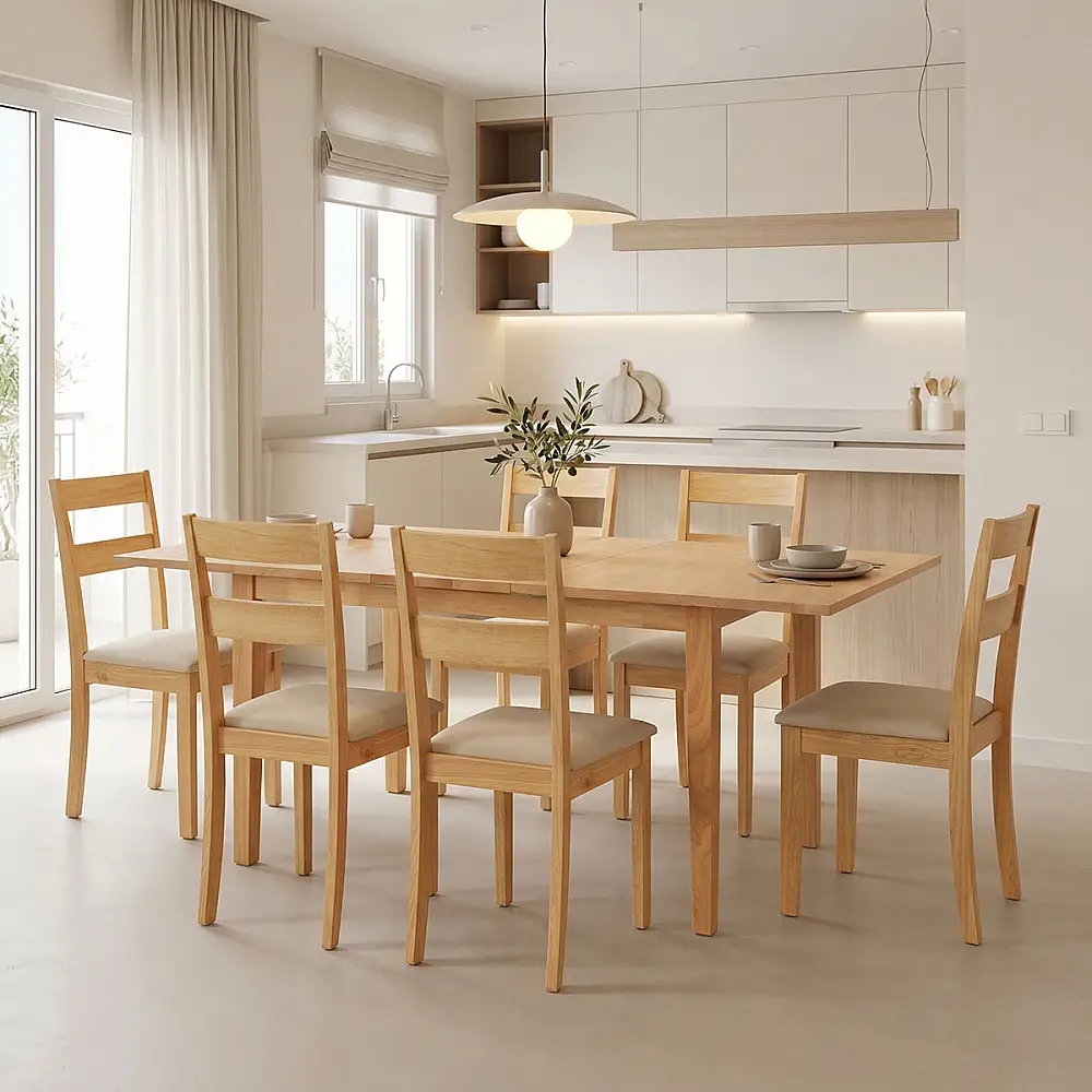 Τραπεζαρία Dallan Country pakoworld 7τεμ σε φυσική απόχρωση rubberwood 120-150x80x74εκ