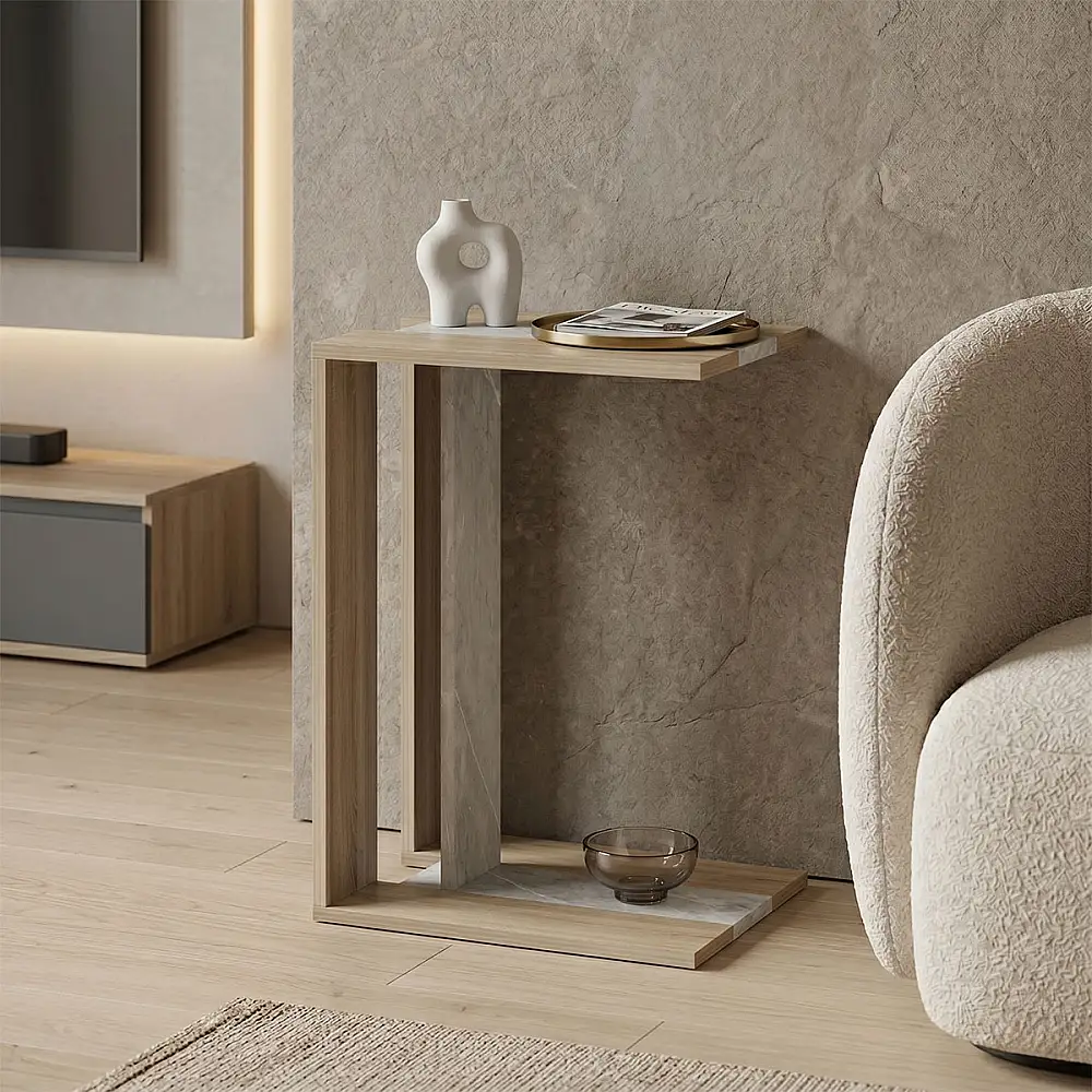 Βοηθητικό τραπέζι Muju pakoworld sonoma- μπεζ οψη μαρμάρου  30x40x55εκ