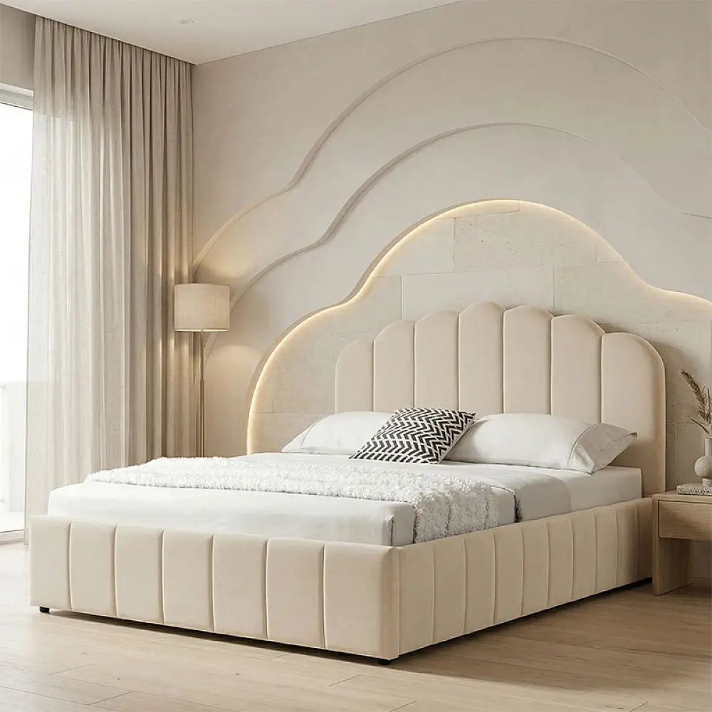 Κρεβάτι Tatiana pakoworld βελούδο μπεζ με αποθηκευτικό χώρο 160x200εκ