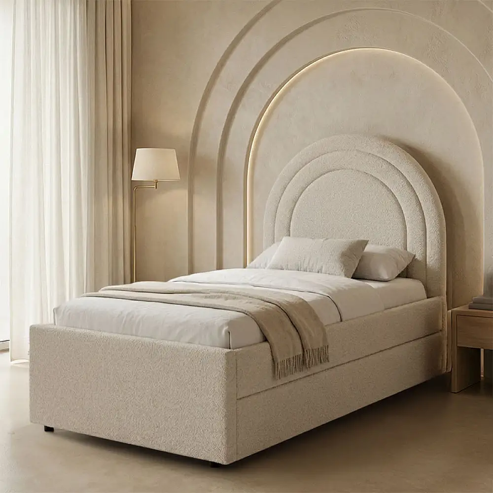 Κρεβάτι Arcuate pakoworld μπουκλέ υφασμα μπεζ με συρόμενο 90x200εκ