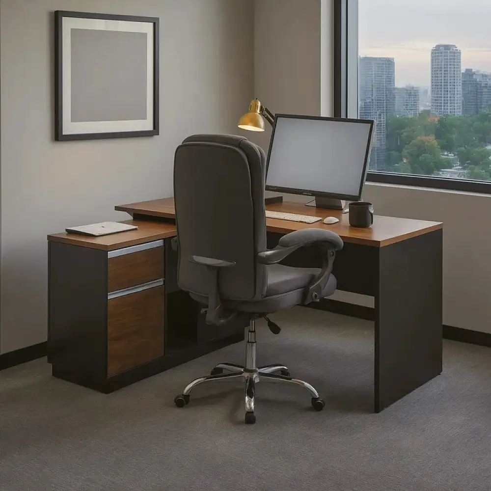 Γραφείο επαγγελματικό με αριστερή γωνία Oscar pakoworld μελαμίνη σε καρυδί-ανθρακί απόχρωση 140x120x76εκ