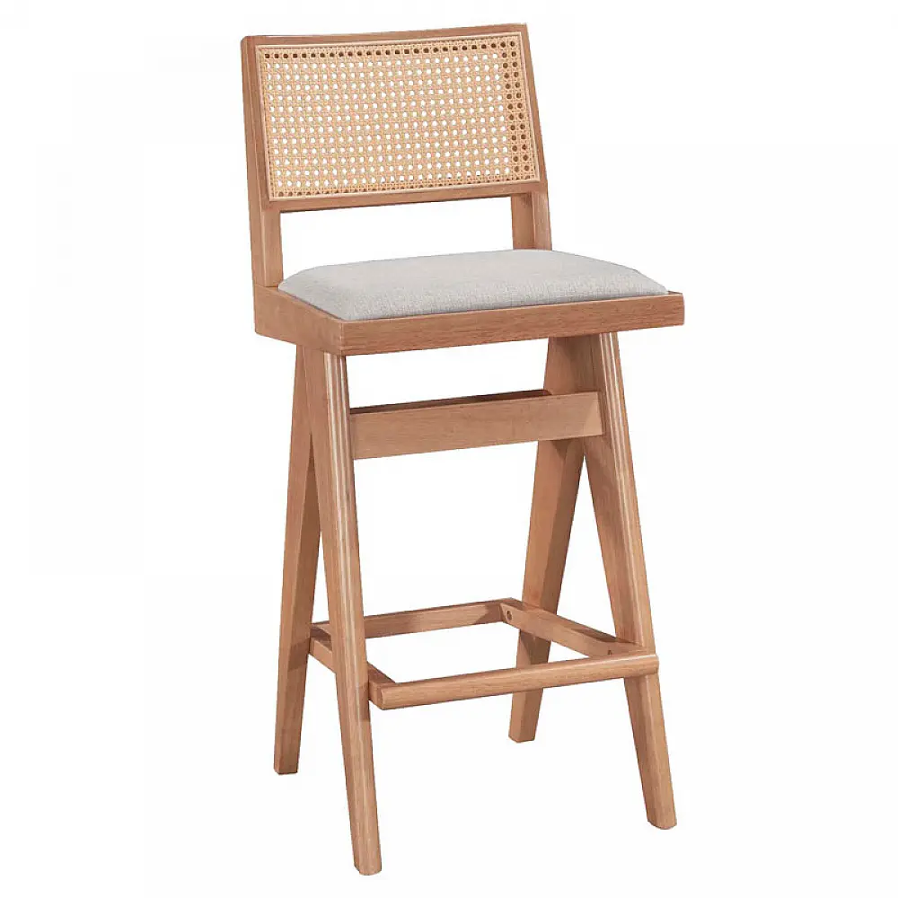 Σκαμπό bar Winslow pakoworld ξύλο rubberwood ανοικτό καρυδί-pvc rattan φυσικό-ύφασμα γκρι 44.5x46x98εκ | 2 τμχ
