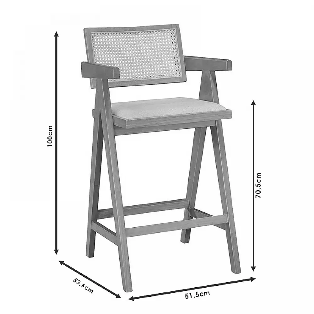 Σκαμπό bar Winslow pakoworld ξύλο rubberwood μαύρο-pvc rattan φυσικό-ύφασμα γκρι | 2 τμχ