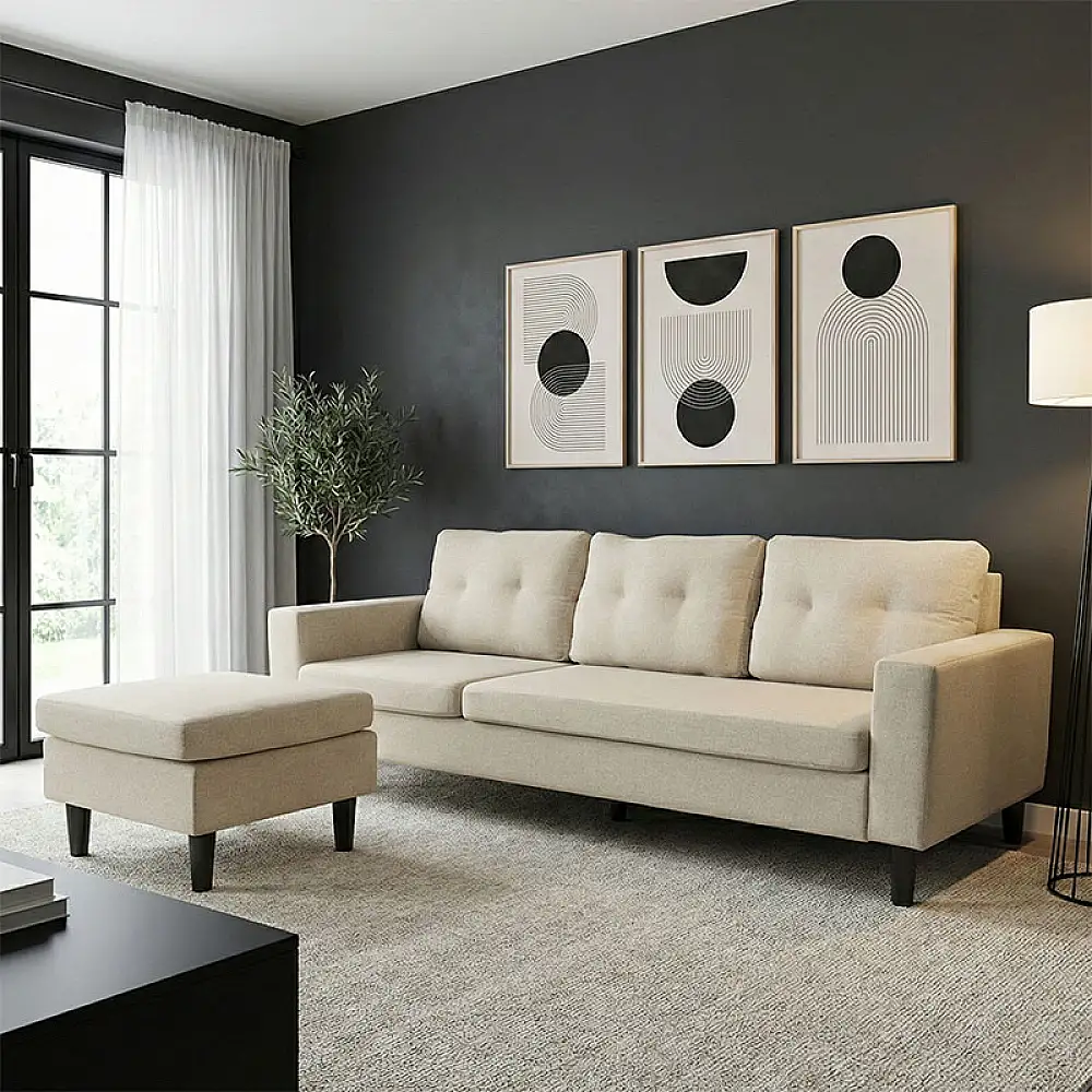 Γωνιακός καναπές αναστρέψιμος Maneli pakoworld ύφασμα αμμου -μπεζ 196x138/77x82εκ