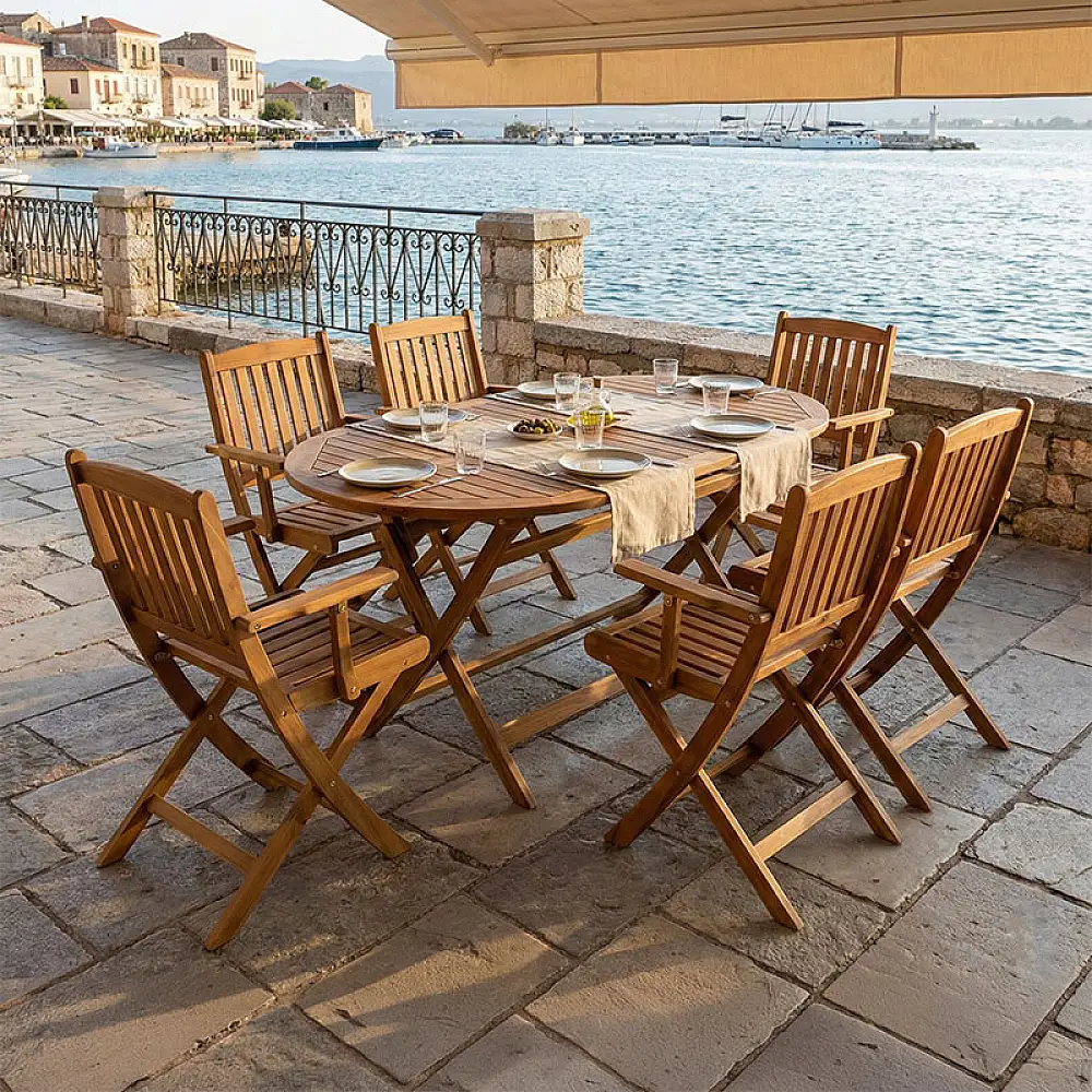 Τραπεζαρία Recofly-Falov pakoworld σετ 7τεμ φυσικό μασίφ ξύλο ακακίας 130x80x72εκ