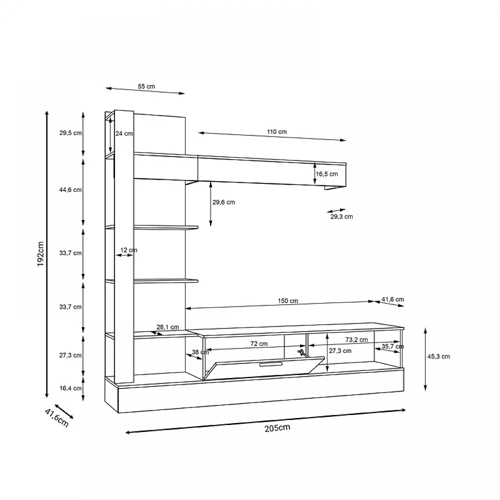 Σύνθετο σαλονιού Dranko pakoworld μαύρο-oak μελαμίνης 205x41.5x192εκ Σύνθετο σαλονιού Dranko pakoworld μαύρο-oak μελαμίνης 205x41.5x192εκ