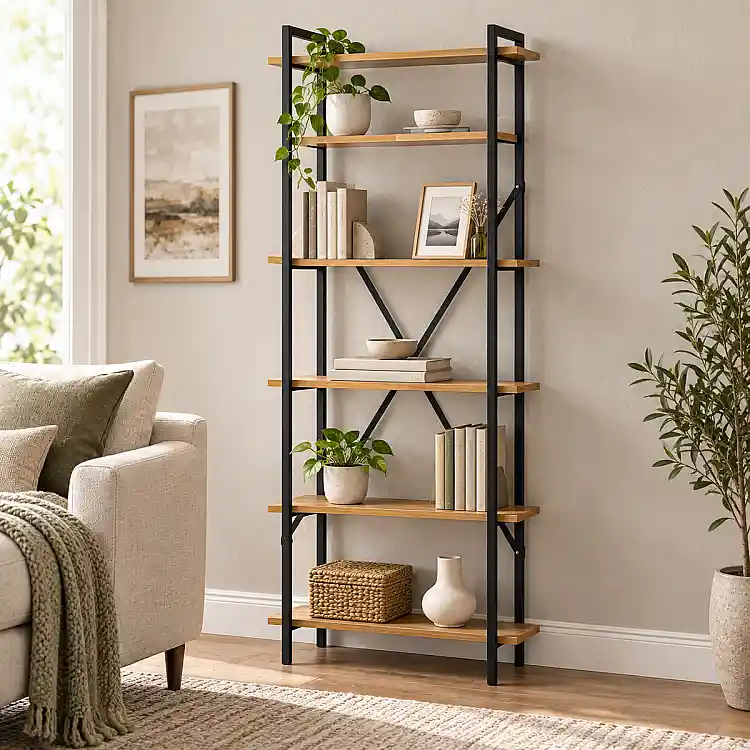 Βιβλιοθήκη Derena pakoworld oak με μαύρο μέταλλο 60x29x160εκ