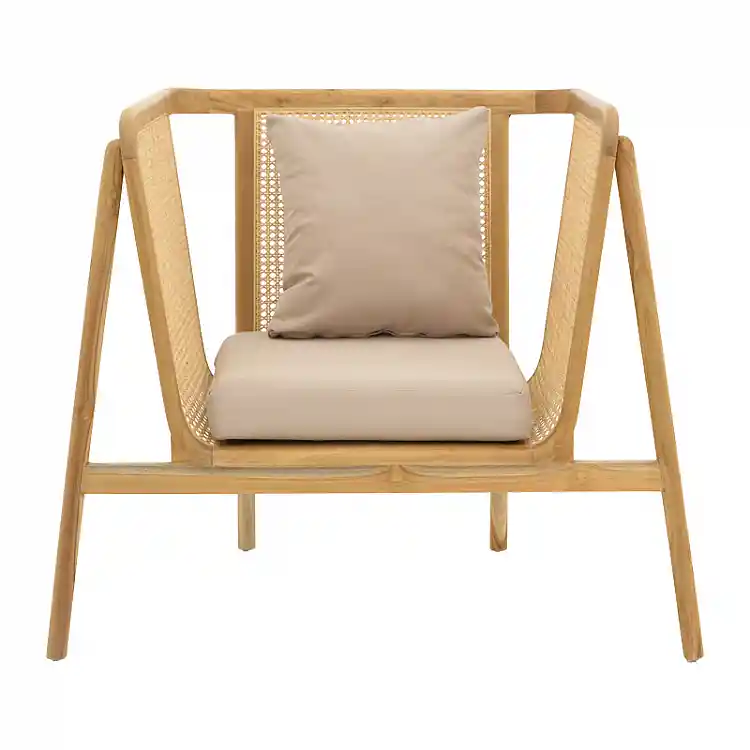 Πολυθρόνα Jenta pakoworld teak ξύλο με rattan σε φυσική απόχρωση και μπεζ μαξιλάρι 72x67x92εκ