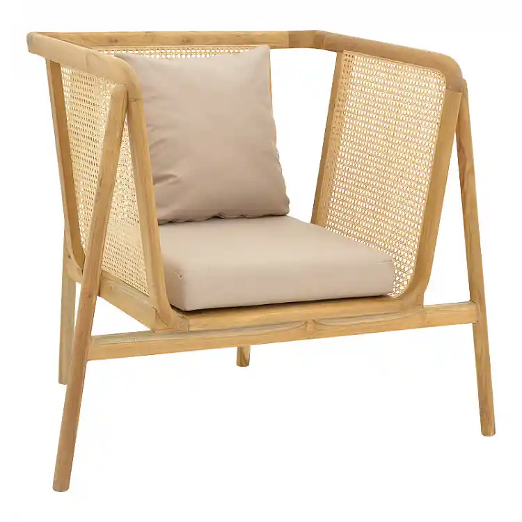 Πολυθρόνα Jenta pakoworld teak ξύλο με rattan σε φυσική απόχρωση και μπεζ μαξιλάρι 72x67x92εκ