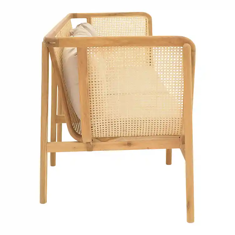 Καναπές τριθέσιος Jenta pakoworld teak ξύλο με rattan σε φυσική απόχρωση και μπεζ μαξιλάρι 203x67x92εκ