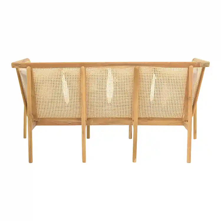 Καναπές τριθέσιος Jenta pakoworld teak ξύλο με rattan σε φυσική απόχρωση και μπεζ μαξιλάρι 203x67x92εκ
