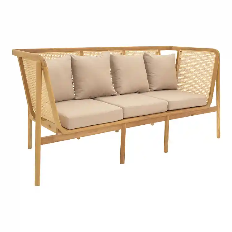 Καναπές τριθέσιος Jenta pakoworld teak ξύλο με rattan σε φυσική απόχρωση και μπεζ μαξιλάρι 203x67x92εκ