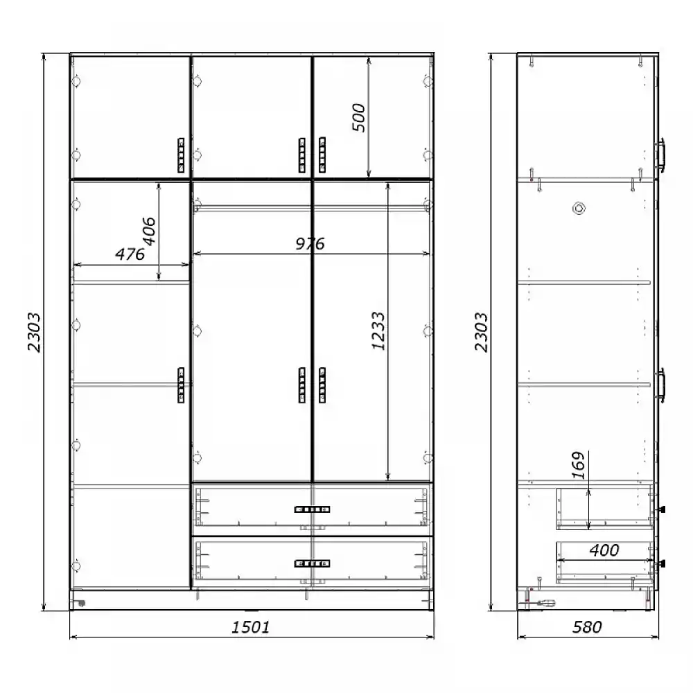 Ντουλάπα τρίφυλλη με συρτάρια Royal pakoworld καρυδι-oak 150x58x230εκ